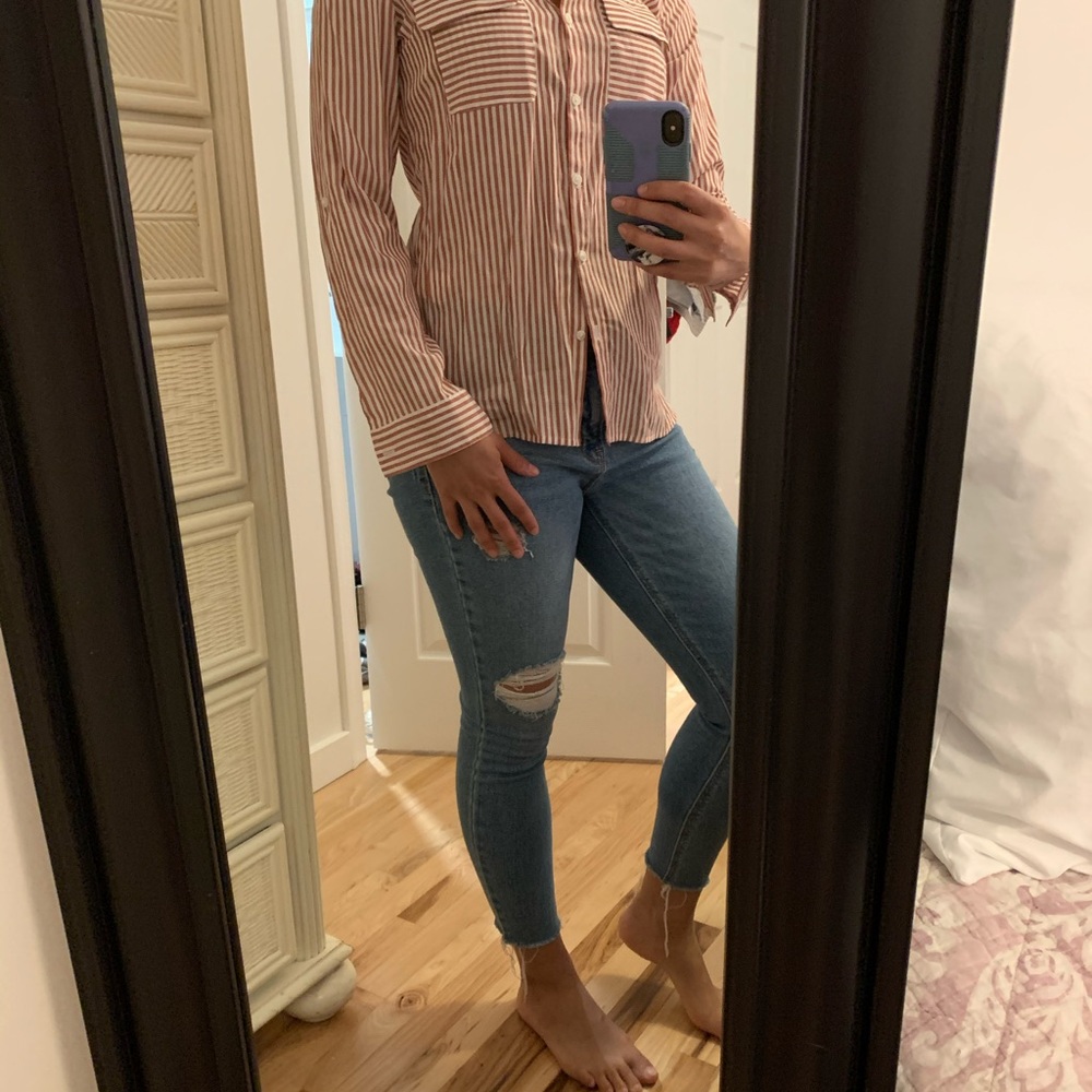 Express Pink and White Stripped Button Down Blouse